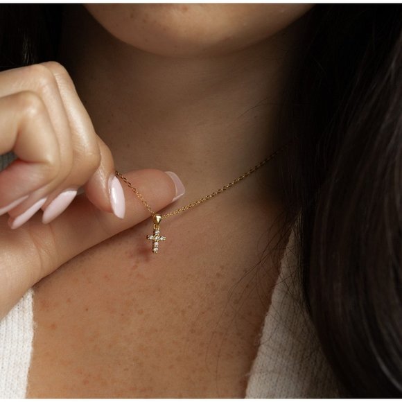 Diamond CZ Cross Necklace, Tiny Cross Necklace, Mini Cross Necklace - Picture 1 of 7